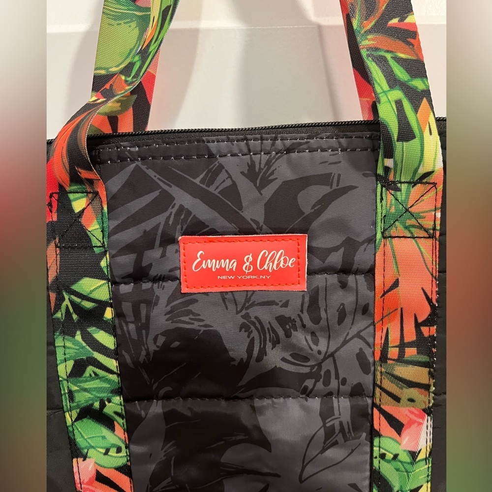 Emma & Chloe New York Tote Bag Black With Pink & Green Floral & Leaf Pattern View 2